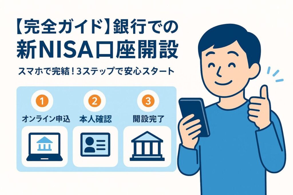 スマホを手に持ち新NISAの口座開設方法を確認する人物のイラスト。この記事のテーマである「銀行での新NISA口座開設方法」を3つのステップで分かりやすく解説していることを象徴する一枚