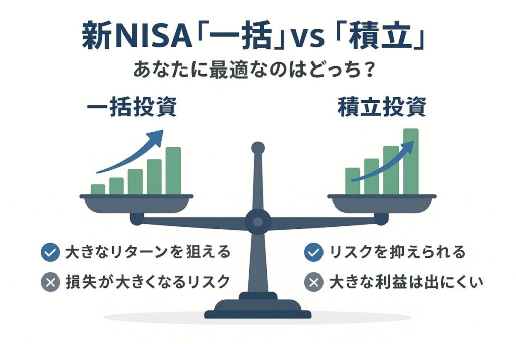 一括投資と積立投資の天秤のイラスト。この記事が「新NISAの一括投資と積立投資」を比較し、それぞれのメリット・デメリットを解説していることを示す一枚。