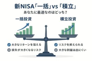 一括投資と積立投資の天秤のイラスト。この記事が「新NISAの一括投資と積立投資」を比較し、それぞれのメリット・デメリットを解説していることを示す一枚。