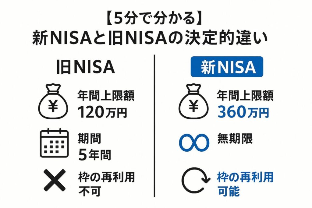 新NISAと旧NISAの違いを比較表形式で表現したインフォグラフィック。この記事のテーマである、新旧制度の比較を分かりやすく伝える一枚。