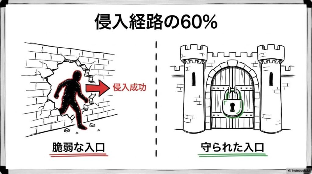VPN等の侵入経路の図解。対策不足の入口と対策済みの入口の対比を、VS図で表現した画像。