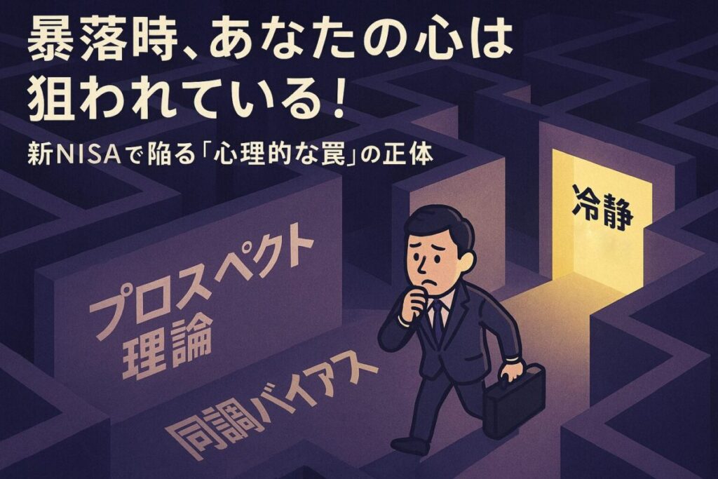 迷路の中にいる投資家と「プロスペクト理論」などの心理的な罠が書かれた壁のイラスト。この記事が「新NISAの暴落時」に投資家が陥りやすい心理的な罠を解説していることを示す一枚。