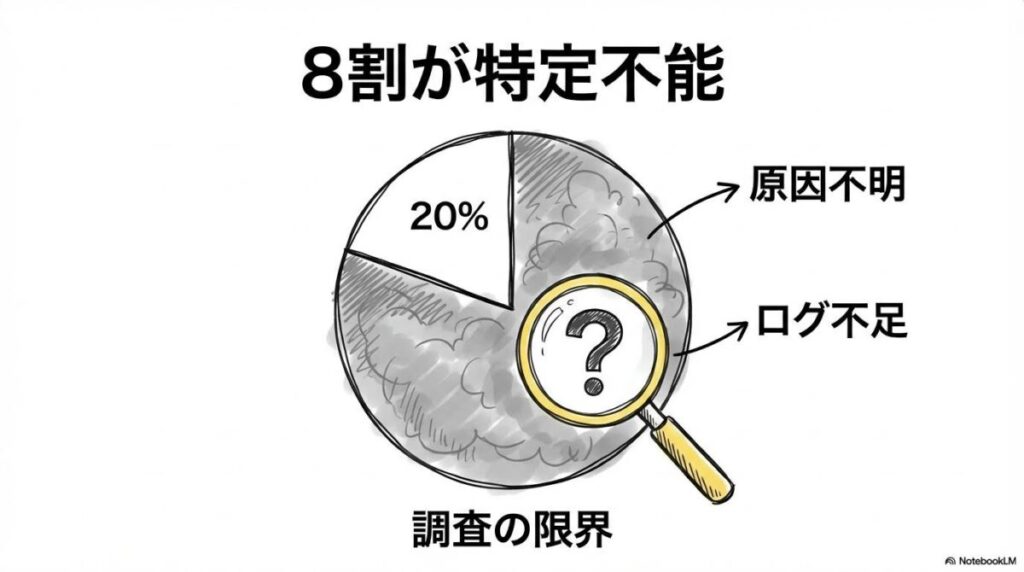 侵入経路特定困難の図解。多くの企業が原因を把握できていない現状を、センター配置のグラフで表現した画像。