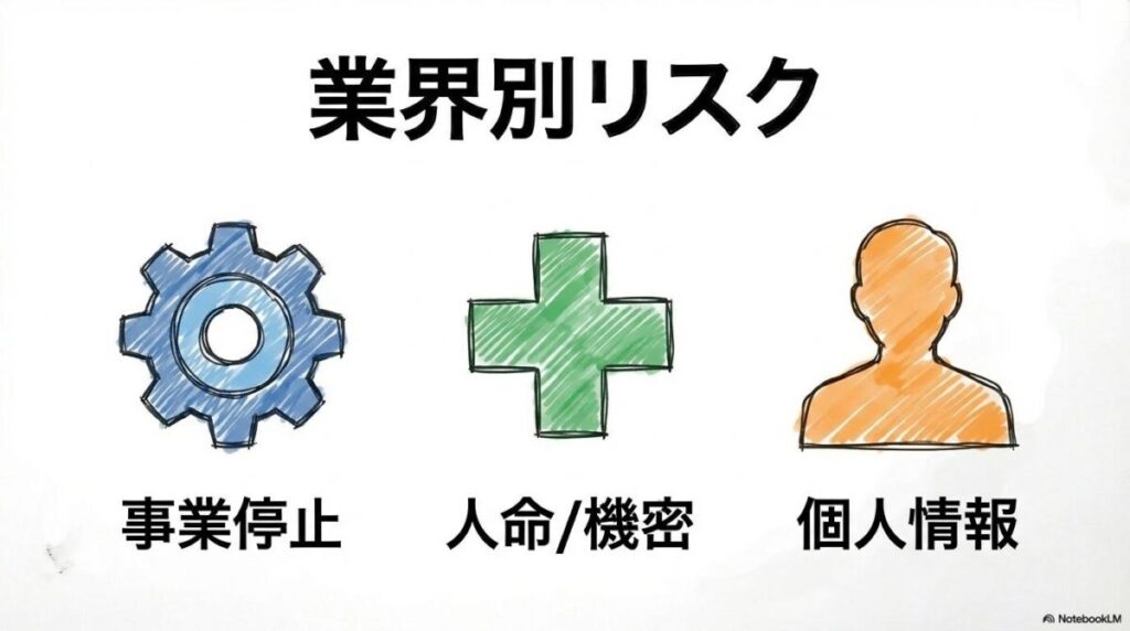 業界別の被害傾向の図解。製造・医療・サービスの各リスクを、カード型で表現した画像。