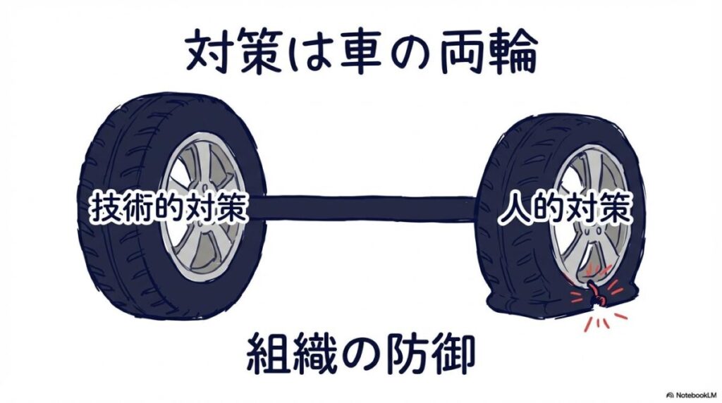 対策の考え方の図解。技術と人の両面が必要なことを、車の両輪をメタファーにしたセンター配置で表現した画像。