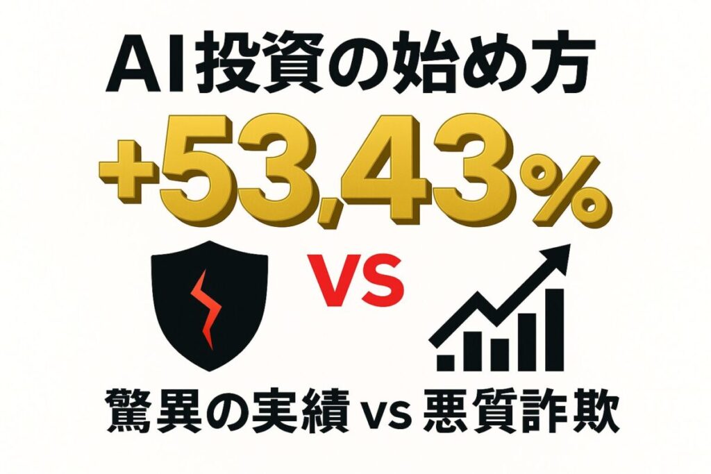 「+53.43%」という驚異的な実績を示す数値と、「AI投資詐欺」のリスクを象徴する割れた盾を対比させた画像。「AI投資の始め方」のポイントを解説。