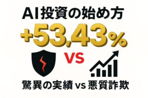 「+53.43%」という驚異的な実績を示す数値と、「AI投資詐欺」のリスクを象徴する割れた盾を対比させた画像。「AI投資の始め方」のポイントを解説。