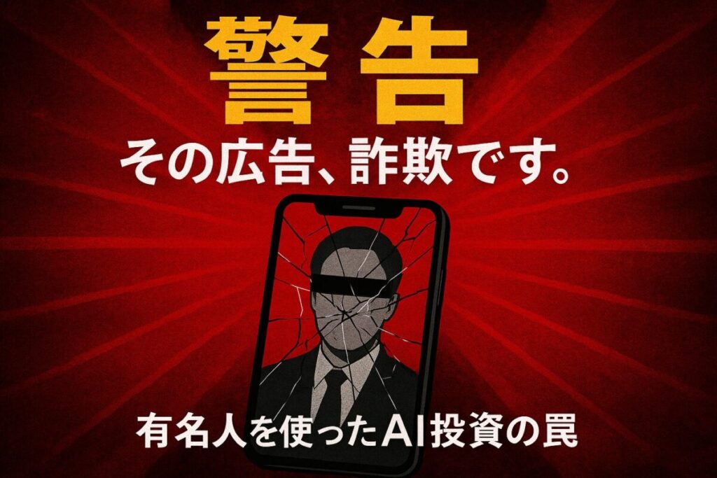 AI投資詐欺への警告を示すサムネイル。「その広告、詐欺です。」という強烈なメッセージと共に、有名人の写真が表示された割れたスマートフォンが描かれている。