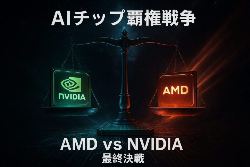 AIチップ市場の覇権を争うAMDとNVIDIAのロゴが天秤に乗せられた画像。両社の株価や性能、将来性を比較する記事のサムネイル。