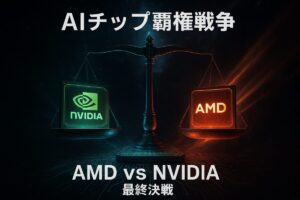 AIチップ市場の覇権を争うAMDとNVIDIAのロゴが天秤に乗せられた画像。両社の株価や性能、将来性を比較する記事のサムネイル。