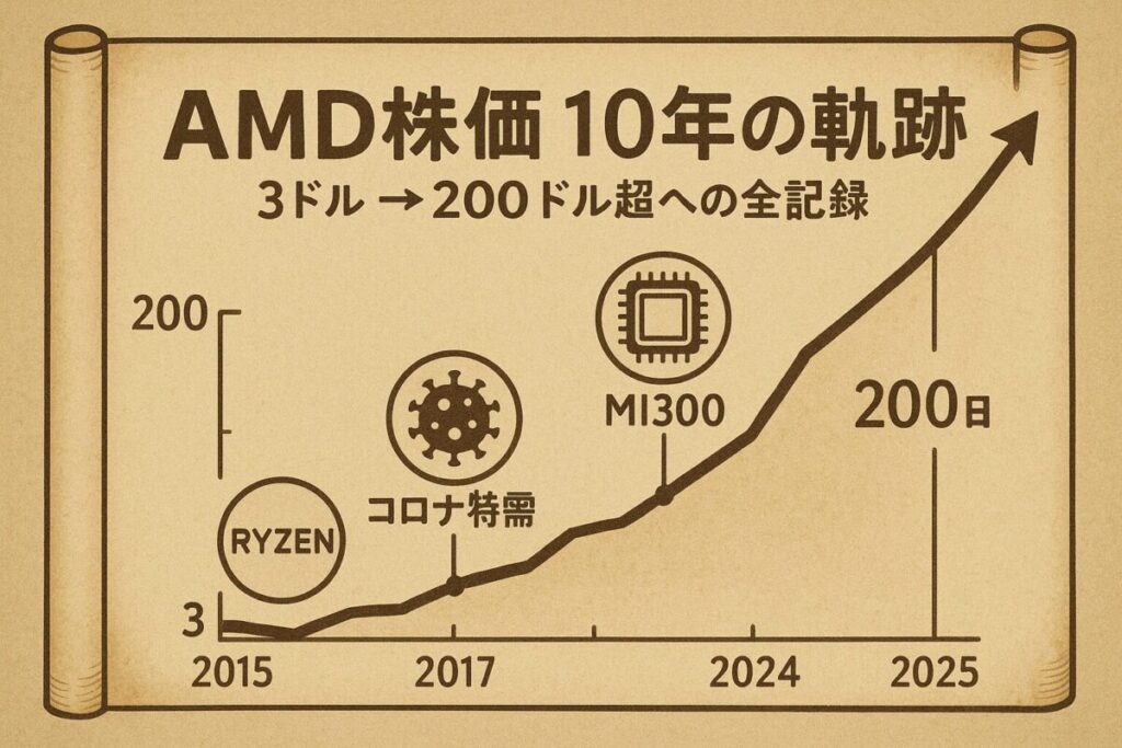 AMD株価の10年間の推移をタイムライン形式で表現したインフォグラフィック画像。Ryzenの登場やAIブームなど、株価が上昇した歴史的な出来事が示されている。