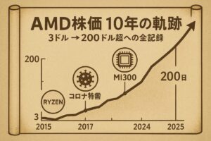 AMD株価の10年間の推移をタイムライン形式で表現したインフォグラフィック画像。Ryzenの登場やAIブームなど、株価が上昇した歴史的な出来事が示されている。