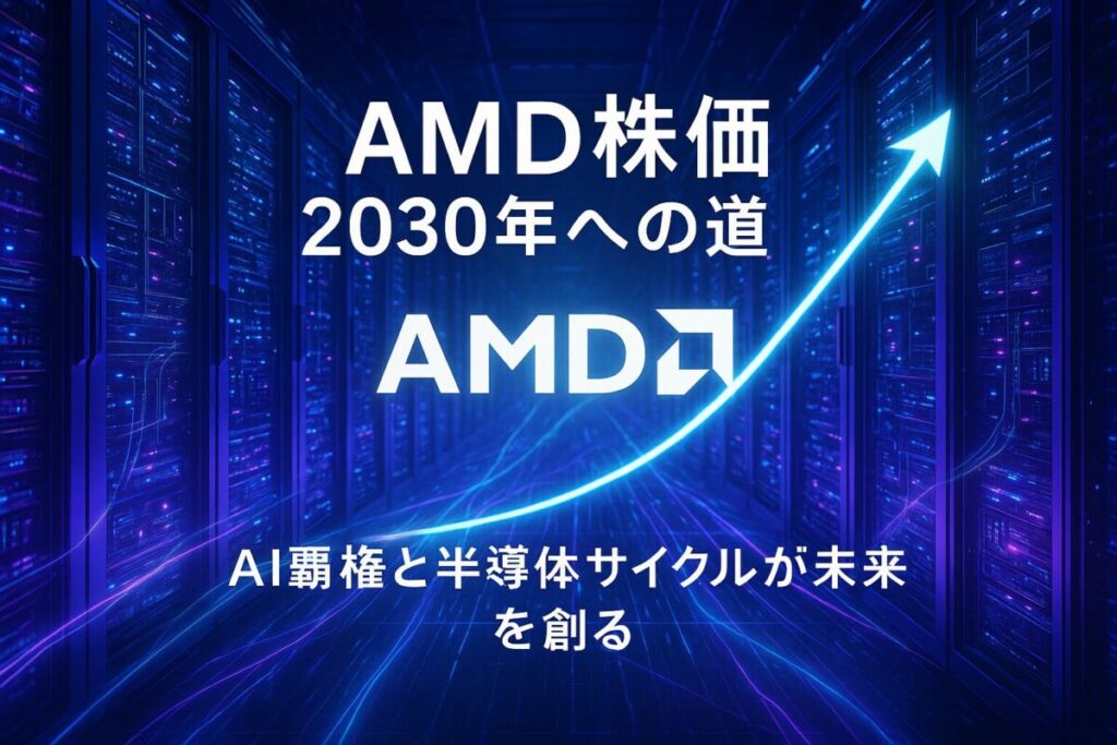 AIデータセンターを背景に、AMDのロゴと2030年に向けて上昇する株価グラフが描かれた画像。AI覇権と半導体サイクルによるAMD株価の今後の予想を象徴している。