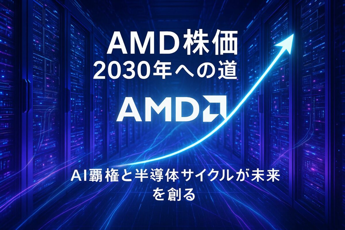 AIデータセンターを背景に、AMDのロゴと2030年に向けて上昇する株価グラフが描かれた画像。AI覇権と半導体サイクルによるAMD株価の今後の予想を象徴している。