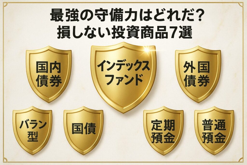 「最強の守備力はどれだ？」というテキストと、7つの金色の盾が並んだ画像。投資初心者が損しないためのおすすめ低リスク商品7選を象徴しています。
