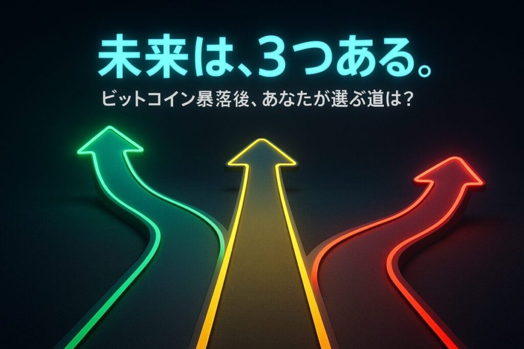 ビットコイン暴落後の3つの未来のシナリオを示す画像。緑の上り坂、黄色の平坦な道、赤の下り坂の三叉路が描かれ、「未来は、3つある。」と書かれている。