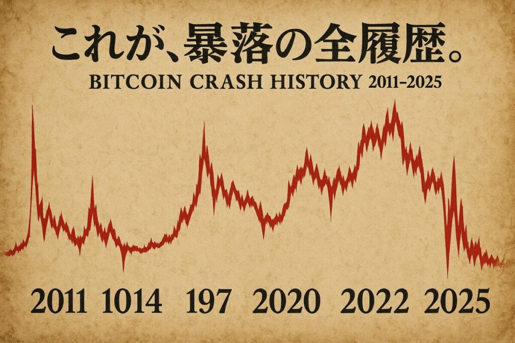 ビットコイン暴落の全履歴を示す画像。2011年から2025年までの暴落が、地震計の波形のように描かれている。
