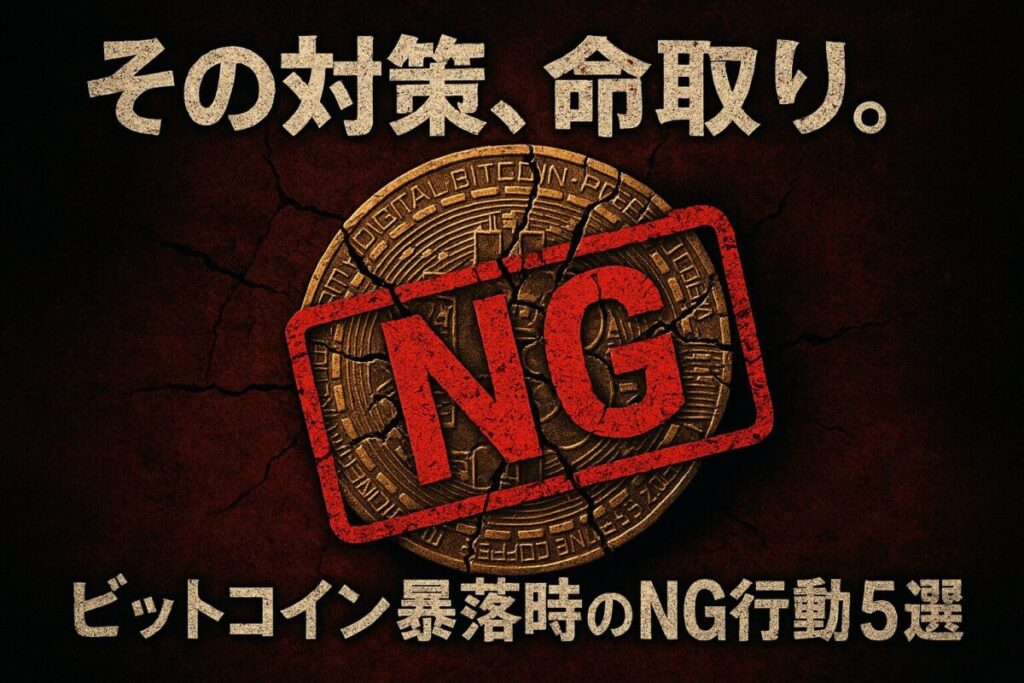ビットコイン暴落時のNG行動を警告する画像。「その対策、命取り。」というテキストと、ひび割れたビットコインに「NG」のスタンプが押されている。
