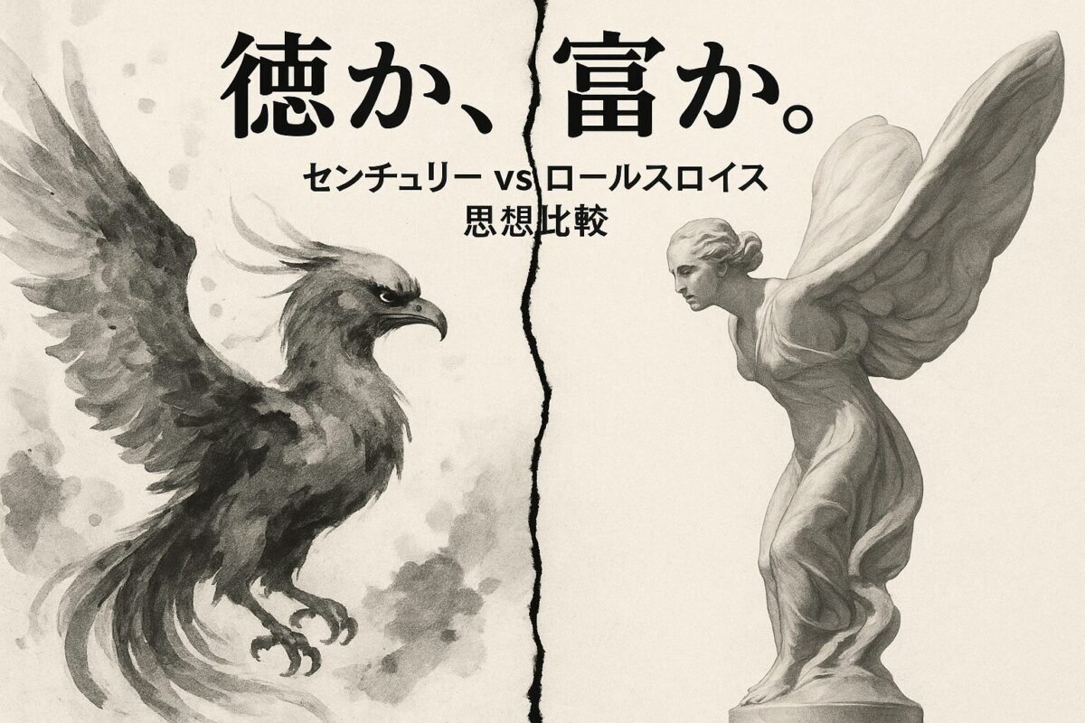 水墨画風の鳳凰（センチュリー）と彫刻風の天使（ロールスロイス）を対比させたサムネイル。「徳か、富か。」というテキストが、両者の思想的な違いを象徴する。