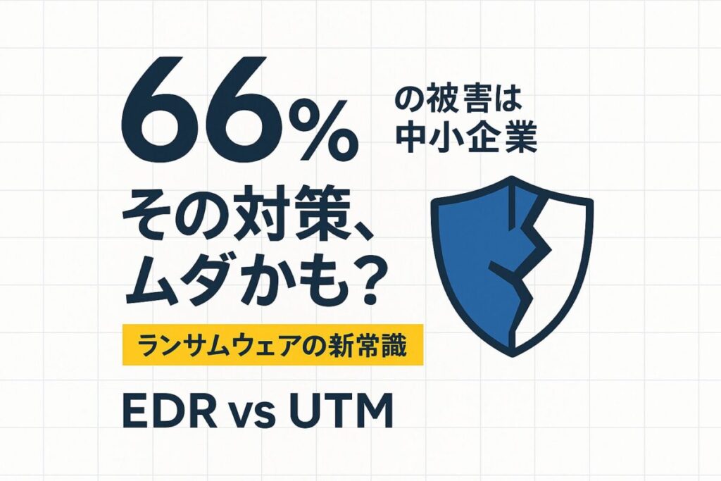 ランサムウェア対策の重要性を示すサムネイル。「その対策、ムダかも？」というテキストと割れた盾のアイコンがあり、中小企業の被害が66%であることを警告している。EDRとUTMの違いについて解説する記事。