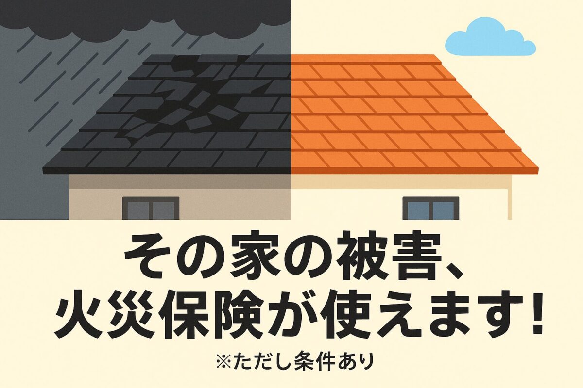 台風で壊れた屋根と修理された屋根のビフォーアフターイラスト。「その家の被害、火災保険が使えます！」というテキストが書かれており、台風被害における火災保険の活用を示唆している。