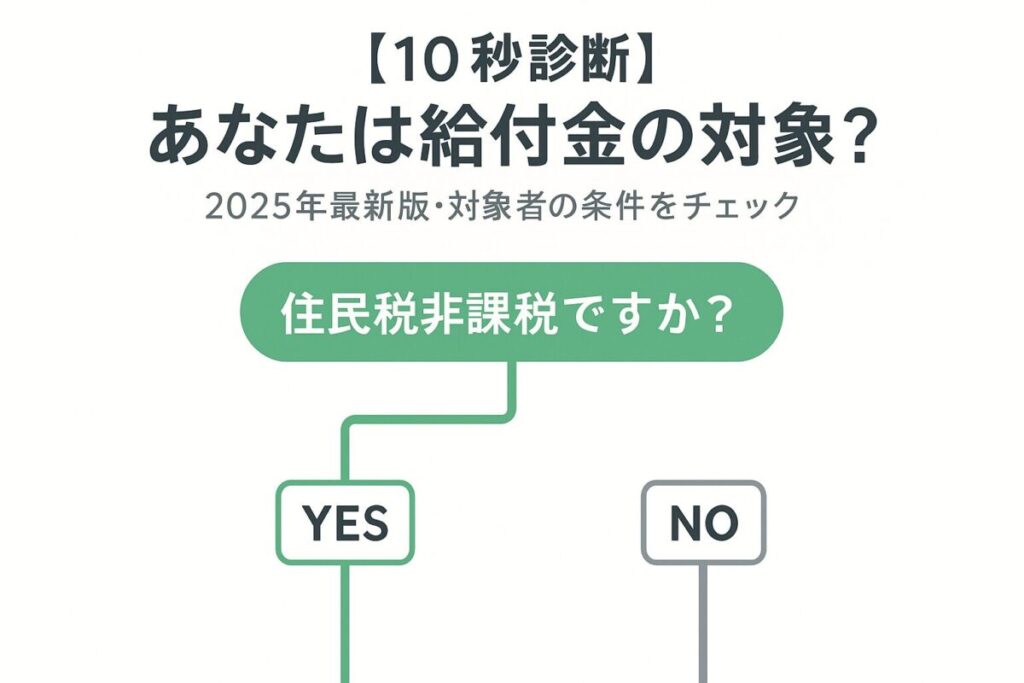 「あなたは対象？」という問いかけのある、給付金対象者診断フローチャートの画像。この記事のテーマである「2025年の現金給付金の対象者」を、読者が自分事として確認できることを象徴する一枚。