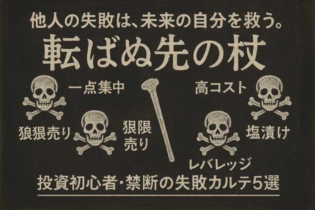 「他人の失敗は、未来の自分を救う。」というテキストと、投資初心者が陥りがちな5つの失敗パターンがドクロマークで描かれた黒板風の画像。失敗体験談から学ぶ重要性を示しています。