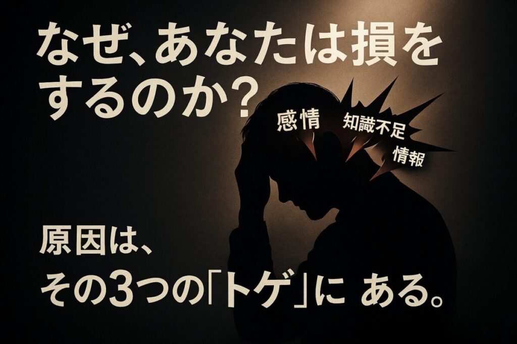 「なぜ、あなたは損をするのか？」というテキストと、頭を抱える人物の脳内に3つのトゲが刺さっている画像。投資初心者が損する原因が「感情」「知識不足」「情報」にあることを示唆しています。