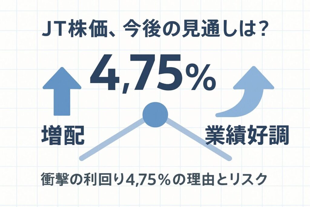 JTの配当利回り4.75%という数字が中央に大きく表示されたインフォグラフィック画像。この記事のテーマであるJTの株価見通しと高配当の魅力を象徴する一枚。