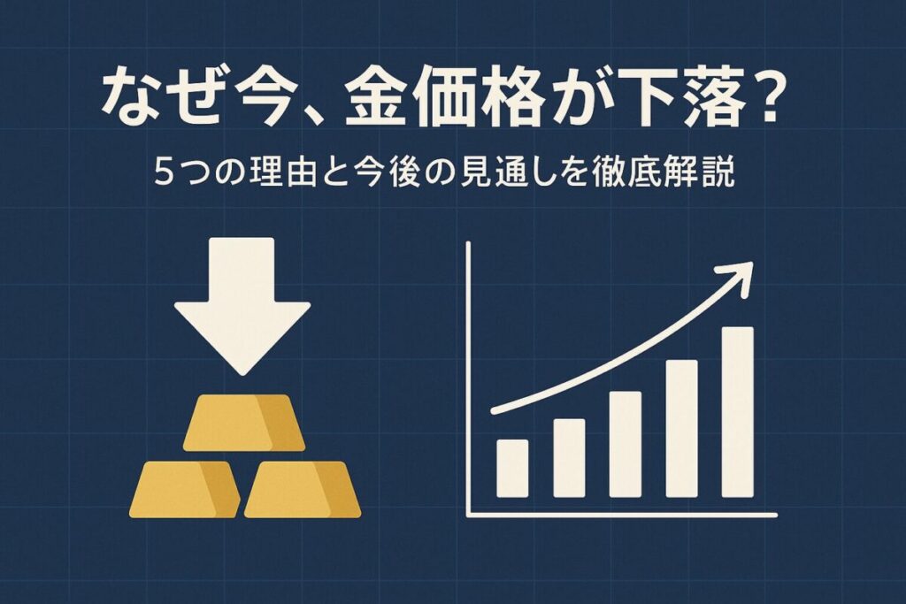 下落する金価格のチャートが描かれたサムネイル画像。この記事のテーマである「金価格 下落」の理由と今後の見通しを象徴する一枚。