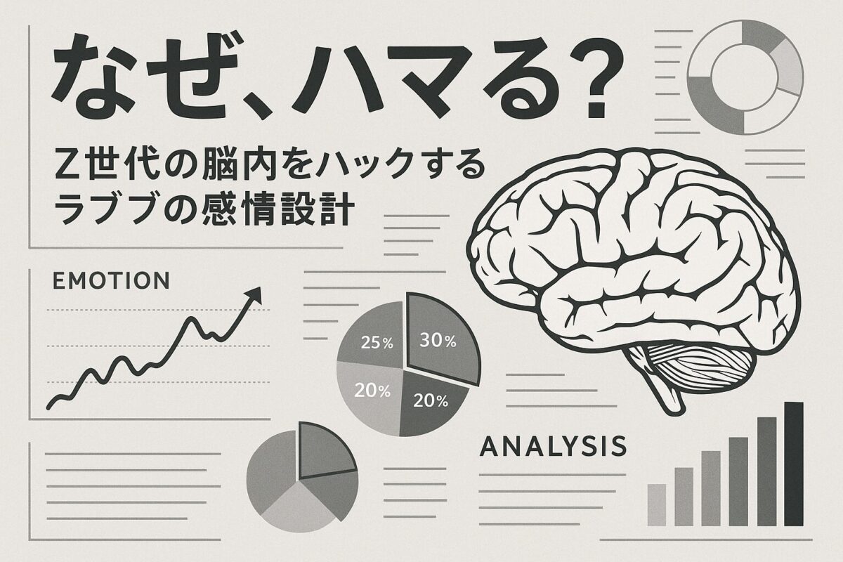 「なぜ、ハマる？」というテキストと、脳のイラストが描かれたサムネイル画像。Z世代のラブブ消費行動を心理学的に分析する記事。