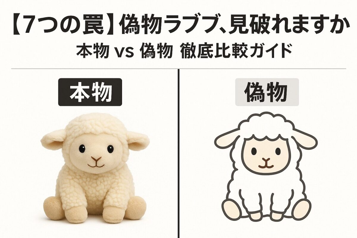 「偽物ラブブ、見破れますか？」というテキストと、本物と偽物のラブブを比較しているイラストが描かれたサムネイル。偽物の見分け方を解説する記事。