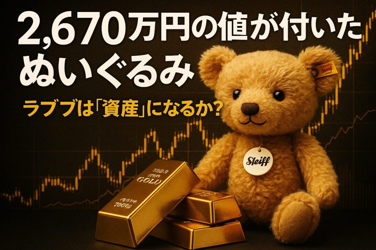 「2,670万円の値が付いたぬいぐるみ」というテキストと、輝くラブブの画像が描かれたサムネイル。ラブブが投資対象になるかについて解説する記事。