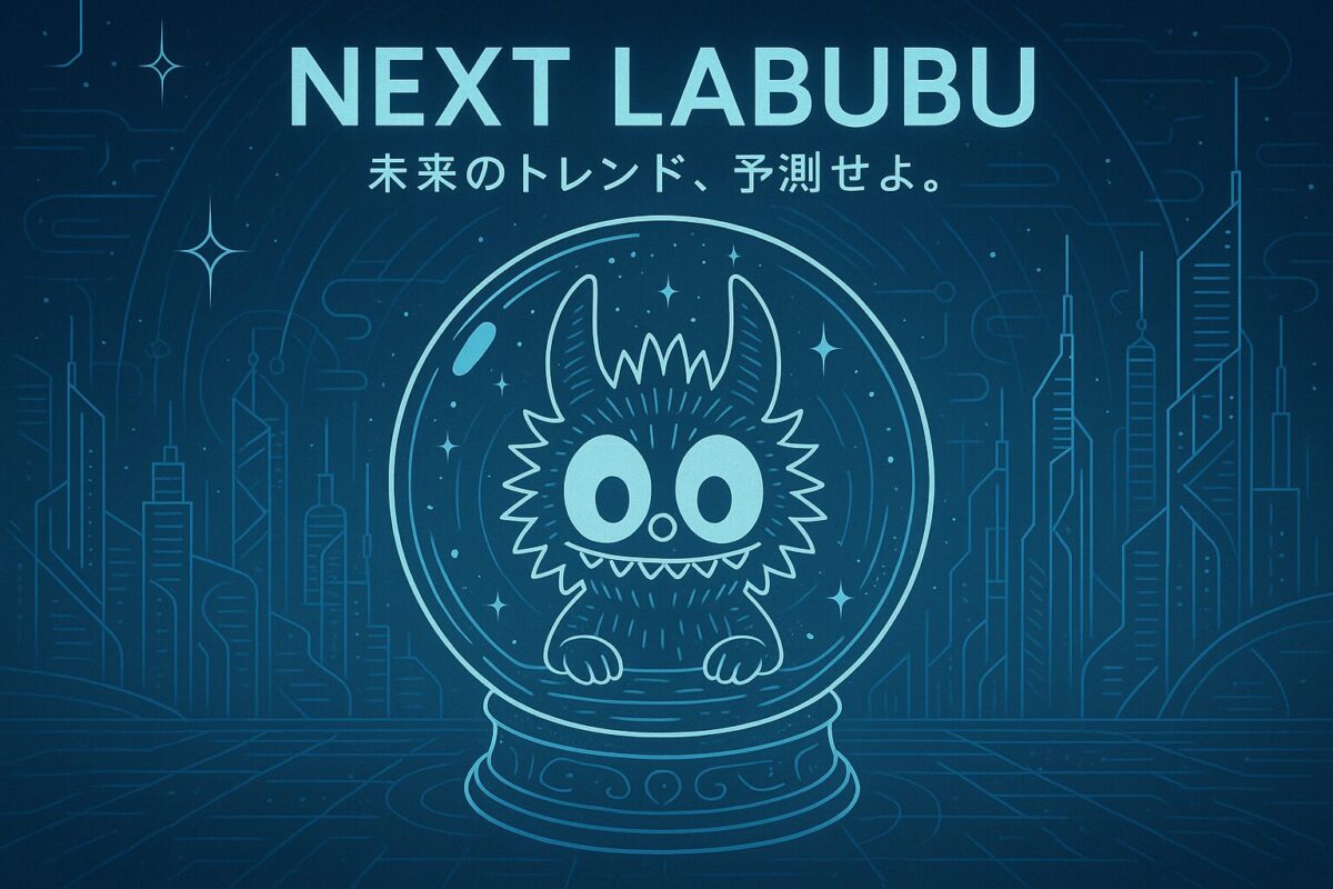「NEXT LABUBU」というテキストと、未来を予測する水晶玉のイラストが描かれたサムネイル。ラブブの次のトレンドを予測する方法について解説する記事。