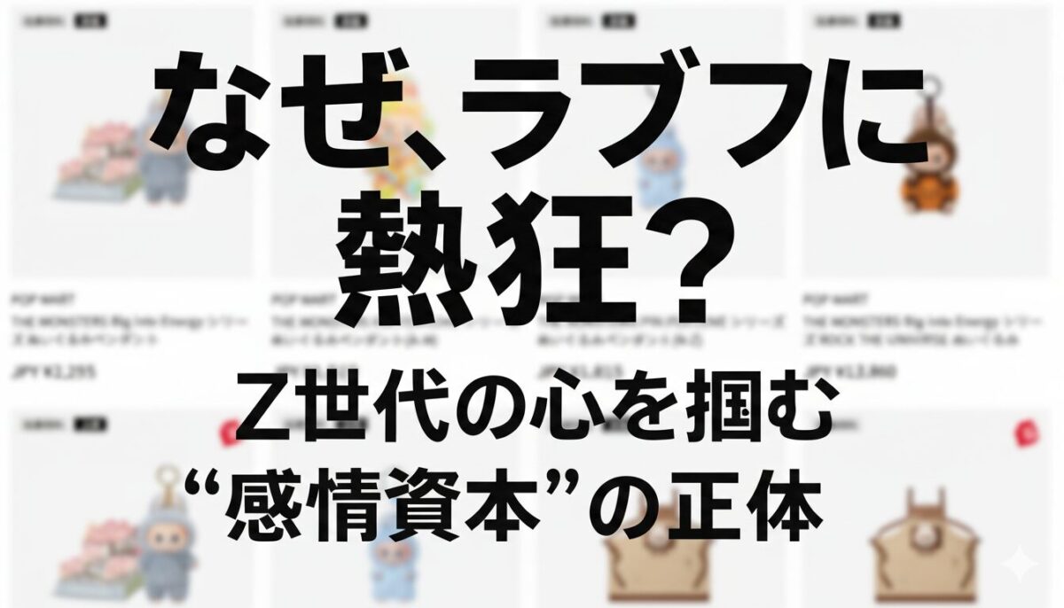 「なぜ、ラブブに熱狂？」というテキストと、キャラクター「ラブブ」のシルエットが描かれたサムネイル画像。Z世代に人気の理由と感情資本について解説する記事。