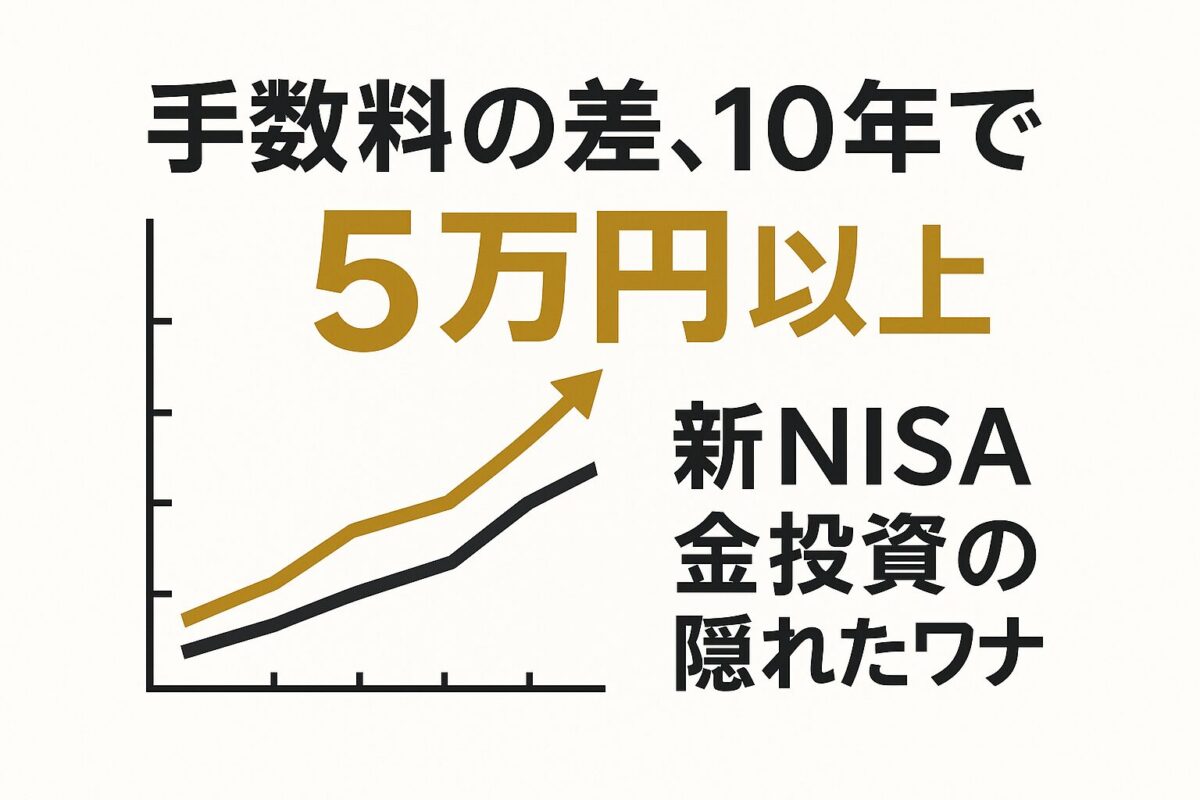 「手数料の差、10年で5万円以上」というテキストと、コスト差でリターンに差が出ることを示すグラフが描かれた、新NISAの金投資における手数料の重要性を解説する記事のサムネイル。