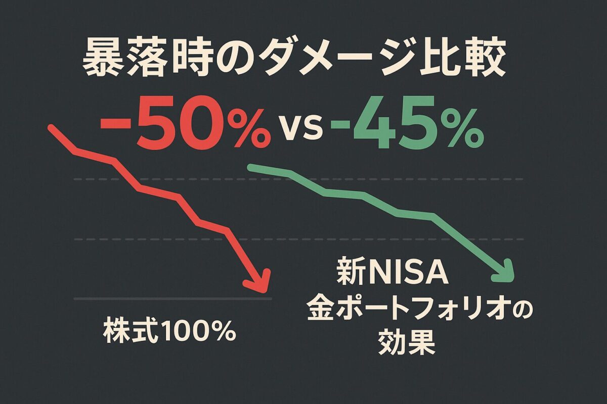 「暴落時のダメージ比較 -50% vs -45%」というテキストと、金を加えたポートフォリオが下落に強いことを示すグラフが描かれた、新NISAの金ポートフォリオ戦略を解説する記事のサムネイル。