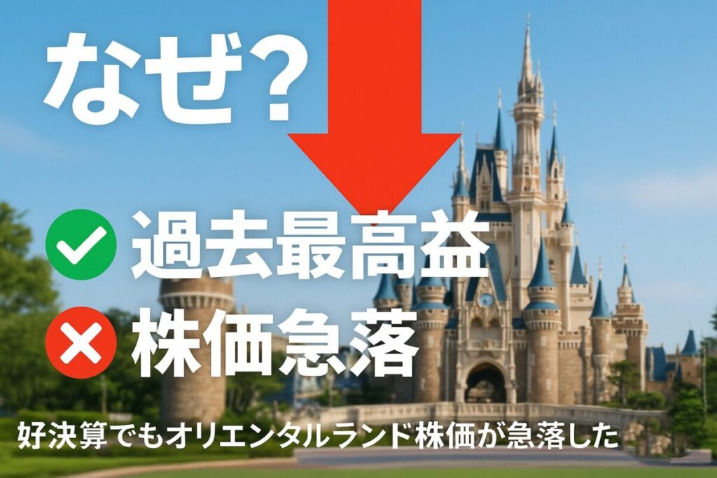 美しいお城の背景に重ねて、オリエンタルランド株価の急落を示す大きな赤い矢印が描かれている。この記事のテーマである、好決算でも株価が下落した理由の解説を象徴する一枚