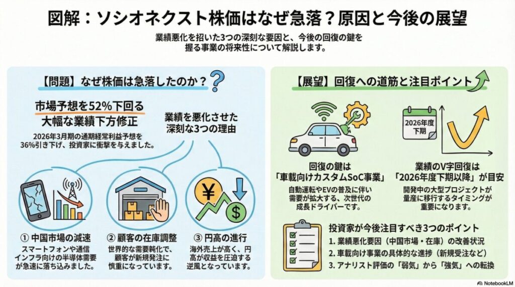 図解『ソシオネクスト株価はなぜ乱高下？下方修正の理由と今後』