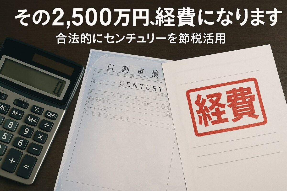 トヨタ センチュリーの経費計上をテーマにしたサムネイル。「その2,500万円、経費になります。」というテキストが、節税への期待感を煽る。