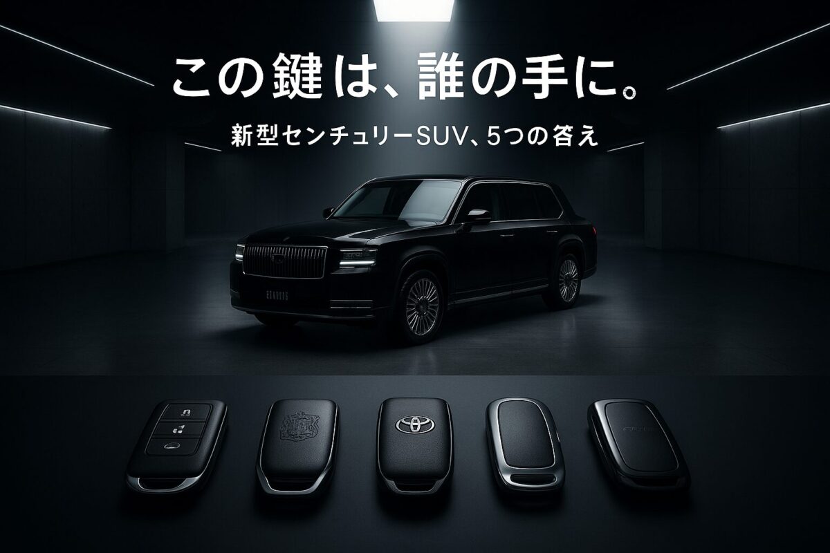 スポットライトを浴びる新型トヨタ センチュリーSUVと、手前に並んだ5つの鍵。「この鍵は、誰の手に。」というテキストが、この車に乗るべき5つの人物像を暗示する。