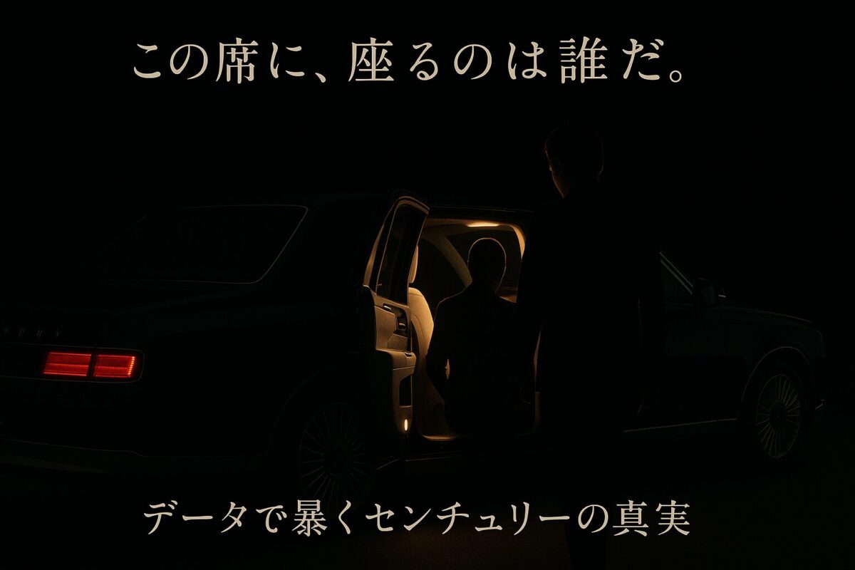後部座席のドアが開いたトヨタ センチュリーと、乗り込む人物のシルエット。「この席に、座るのは誰だ。」というテキストが、センチュリーに誰が乗るのかという謎を強調する。