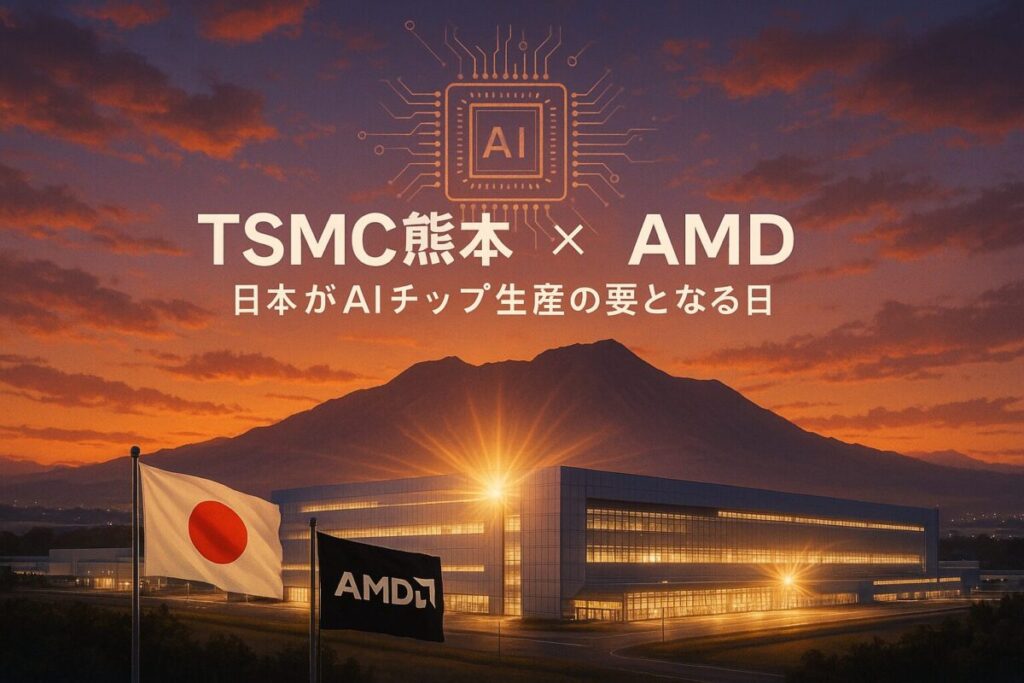 夕焼けの阿蘇山を背景に、TSMC熊本工場とAMDのロゴが描かれた画像。日本のAIチップ生産の未来と、両社の戦略的連携を象徴している。