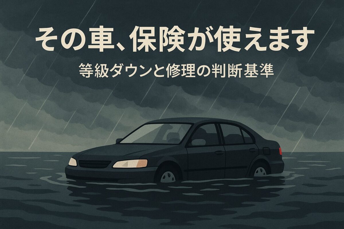台風で水没した車と「その車、保険が使えます」というテキストが書かれた画像のサムネイル。自動車保険の等級ダウンと修理の判断基準について解説している。