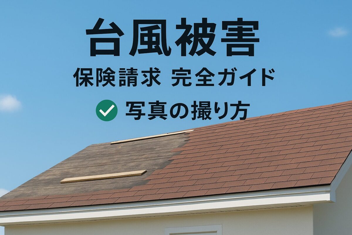 台風被害後の保険請求方法を解説する画像のサムネイル。青空を背景に、修理された家の屋根が写っており、「台風被害 保険請求 完全ガイド」というテキストが記載されている。