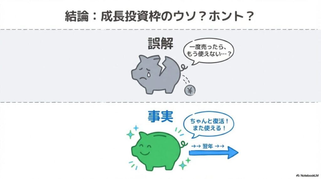 「【結論】新NISAの成長投資枠は売却しても枠が復活し、再利用できる」をテーマにした挿絵。新NISAのロゴが入った箱(成長投資枠)から、一度投資資金の塊が取り出される(売却)が、時間の経過(翌年)を示す円環を経て、再びその箱に戻ってくる様子(再利用可能性)を柔軟に表現している。
