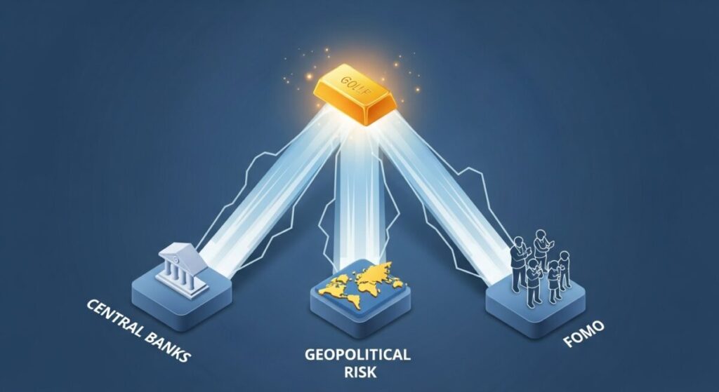 「現在のゴールドラッシュは本物か？まず押さえるべき3つの特徴」をテーマにした挿絵。中央銀行、地政学リスク、個人投資家という3つの矢印が金の価格を押し上げているインフォグラフィック。