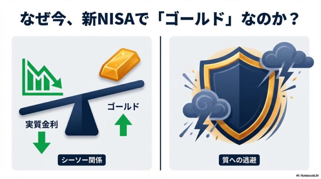 「なぜ今、新NISAで「ゴールド」なのか？投資のプロが実践する“守り”の理論」をテーマにした挿絵。守りの資産であるゴールド（金塊）が、市場の波（暴落を示すグラフ）からポートフォリオを守っている様子。背景には「実質金利」と「質への逃避」の概念を表すアイコンが描かれている。