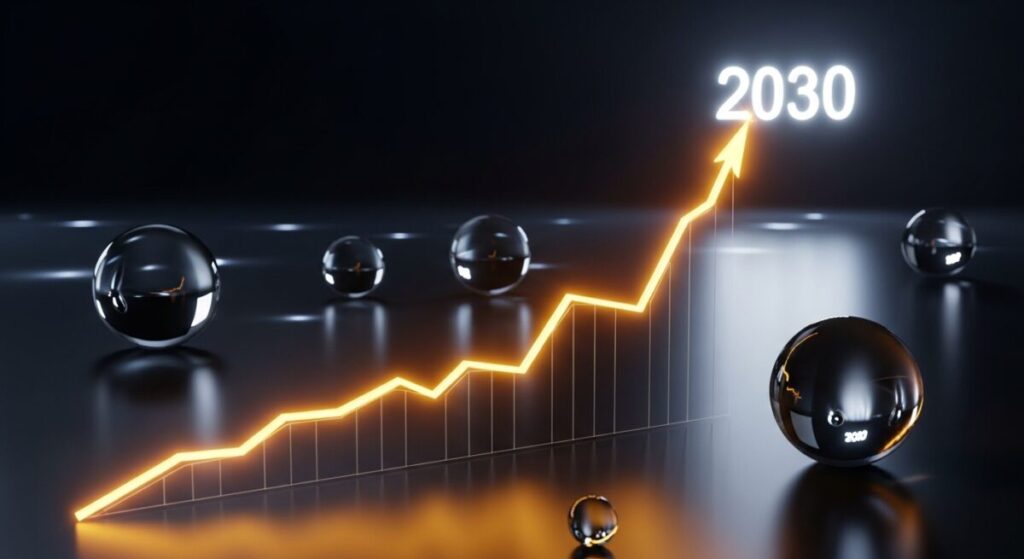 「【結論】金相場はこれからどうなる？2030年までの長期予測サマリー」をテーマにした挿絵。輝く金のグラフが2030年に向かって上昇していく未来の可能性を象徴的に描いている。