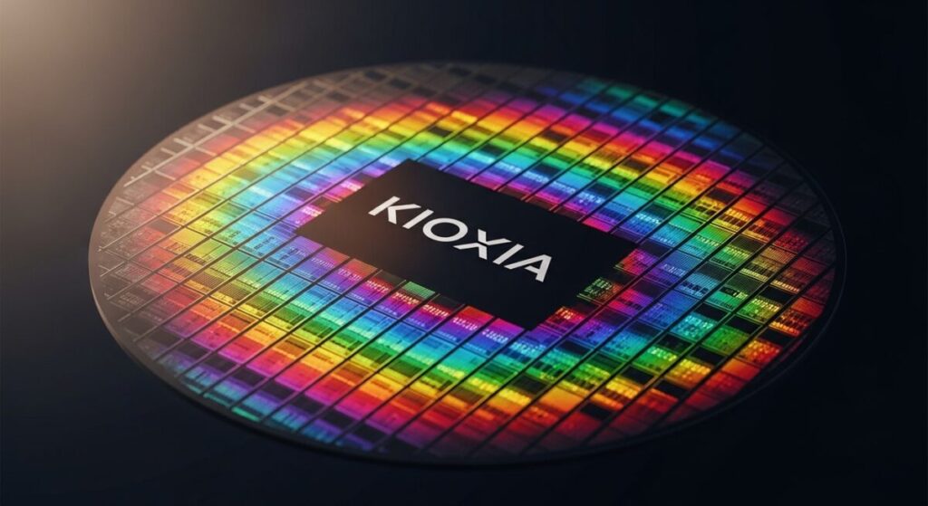 「キオクシアはどんな会社？」をテーマにした挿絵。暗闇の中で、精緻な回路が刻まれた半導体ウェハーが虹色の光を放っている、技術力の高さを象徴する美しいイメージ。